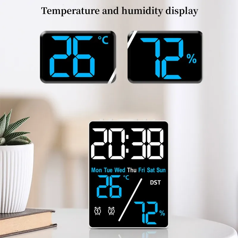 Réveil numérique TEMP Humidité Date Semaine, 2 alarmes, répétition électronique, horloge de table, 3 niveaux de luminosité, 12 H, 24H, DST, LED