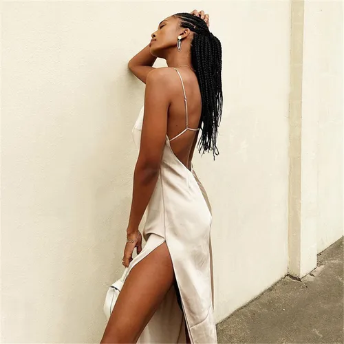 Imagen 2 del producto Vestido largo de satén sedoso con tirantes finos para mujer, vestido elegante sin mangas con espalda descubierta para fiesta y playa, vestido Sexy de verano