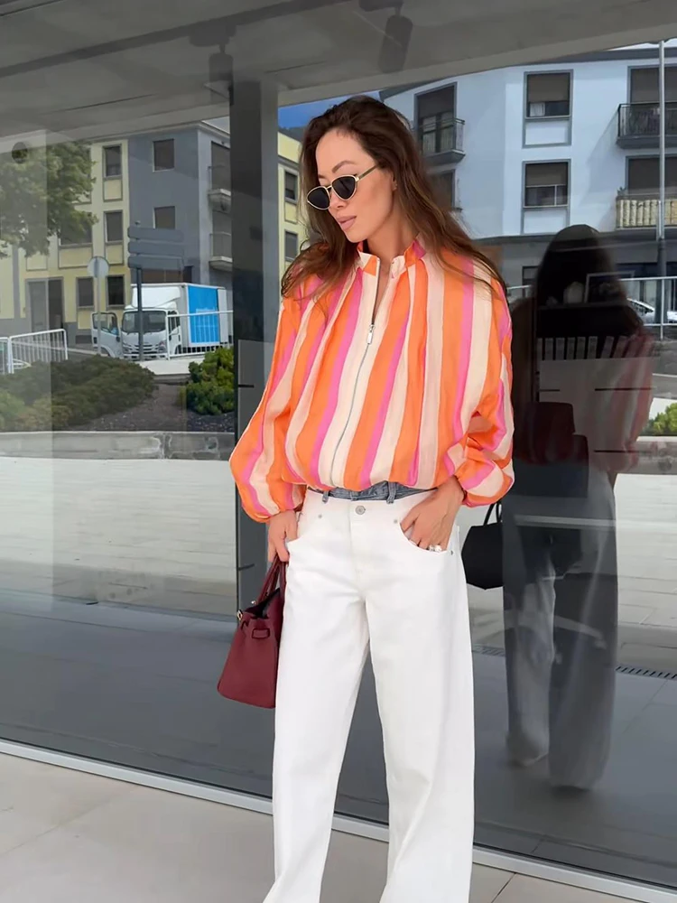 Women‘s Striped Bomber Jacket Zipper Long Sleeve Zipper Loose Stand Collar Pocket Coat 2026 Spring Autumn Lady Daily Outwears