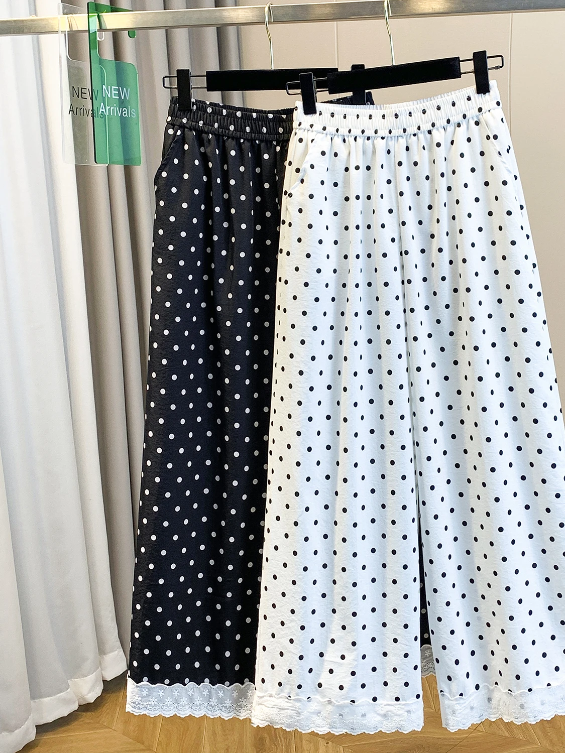 

High Waist Wide Leg Pants Polka Dot Lace Splicing Casual Elastic Waist Straight Cut plus Size Women's Fashion Korean Style