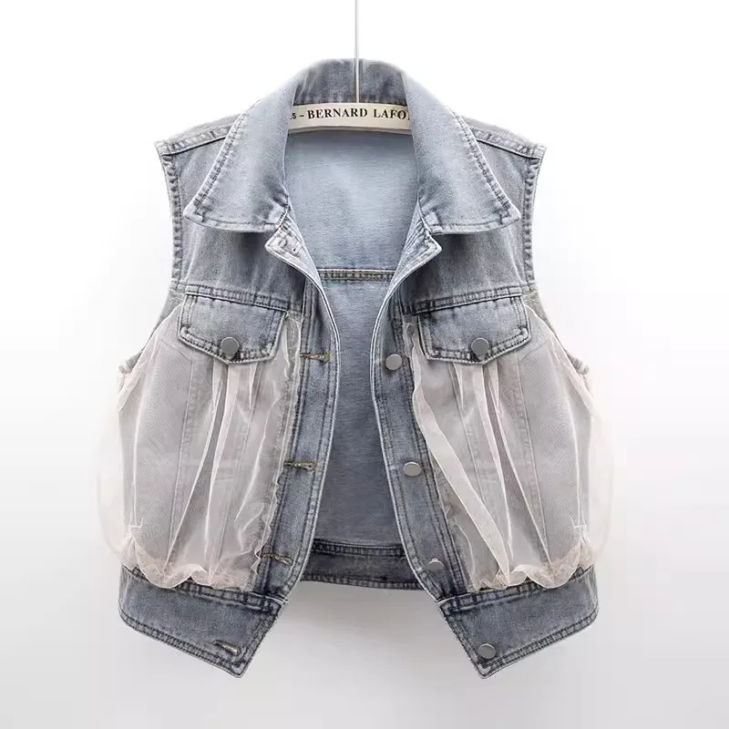 Spring Summer New Mesh yarn Denim Vest Women Short Fashion Sleeveless Jacket Female Slim Jean Waistcoat Ladies Outerwear W295