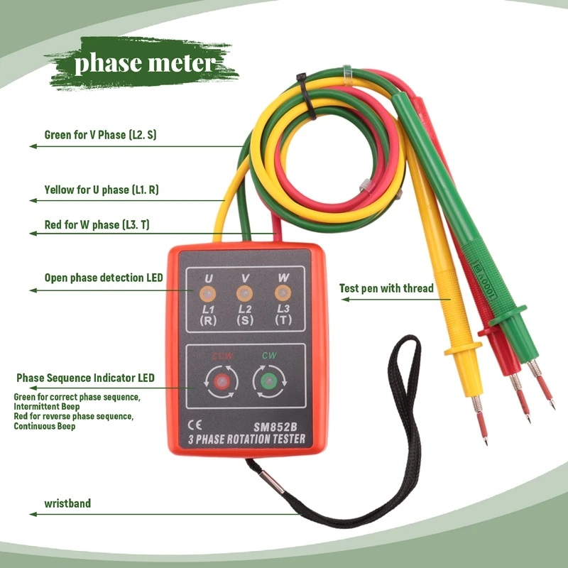 New 3 Phase Sequence Rotation Tester Indicator  Meter LED Buzzer With Portable Pouch TD-LED02