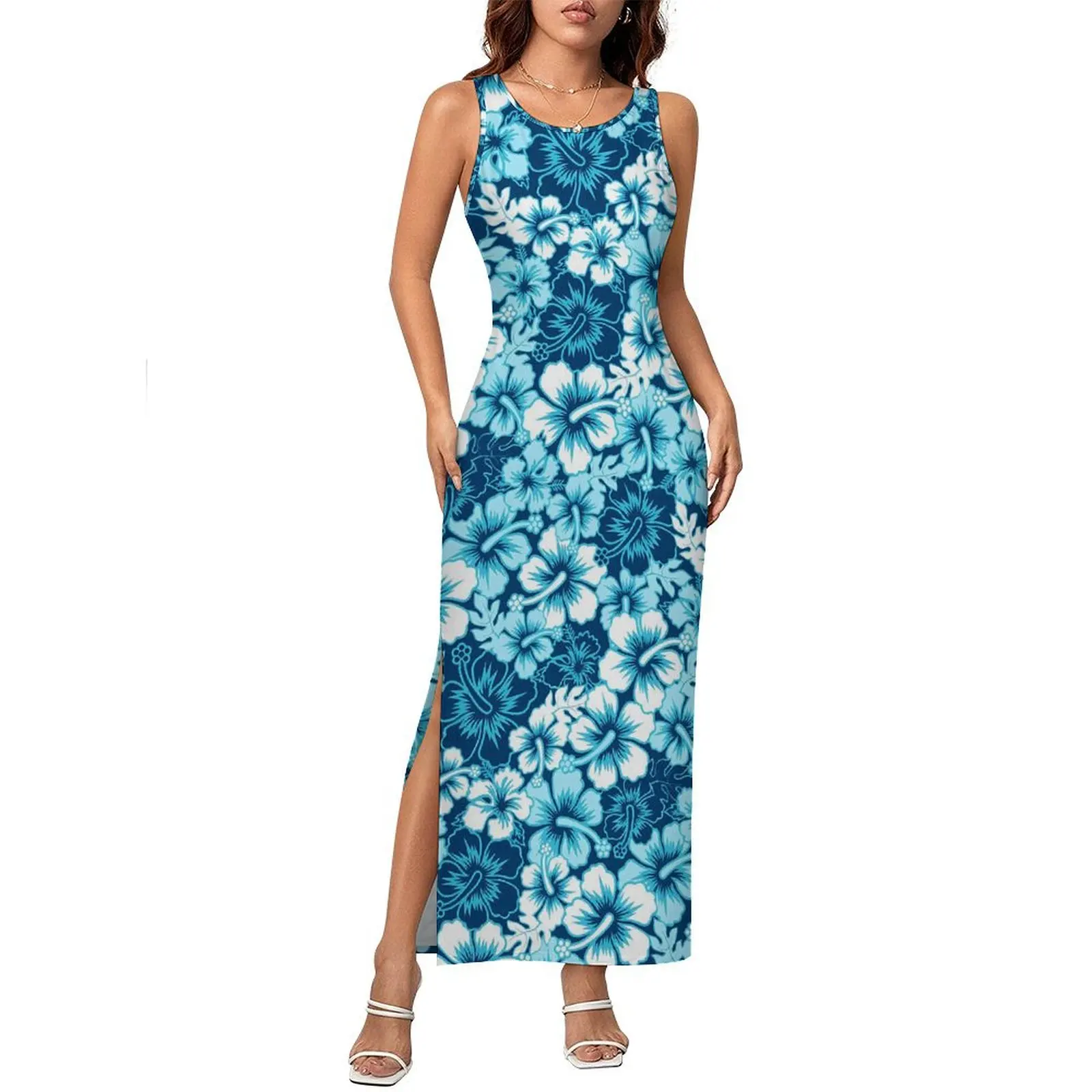 Robe florale bleue sans manches imprimé Hibiscus décontracté Y2k robes Maxi robe moulante mignonne femmes graphique surdimensionné Vestido