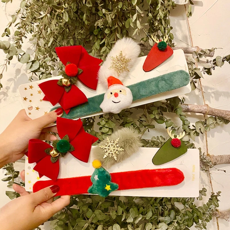 4Pcs/Set Cute Hair Clips For Girls Hair Bow Cute Elk Santa Claus Kids Bracelet Christmas Gift Flap Ring Set