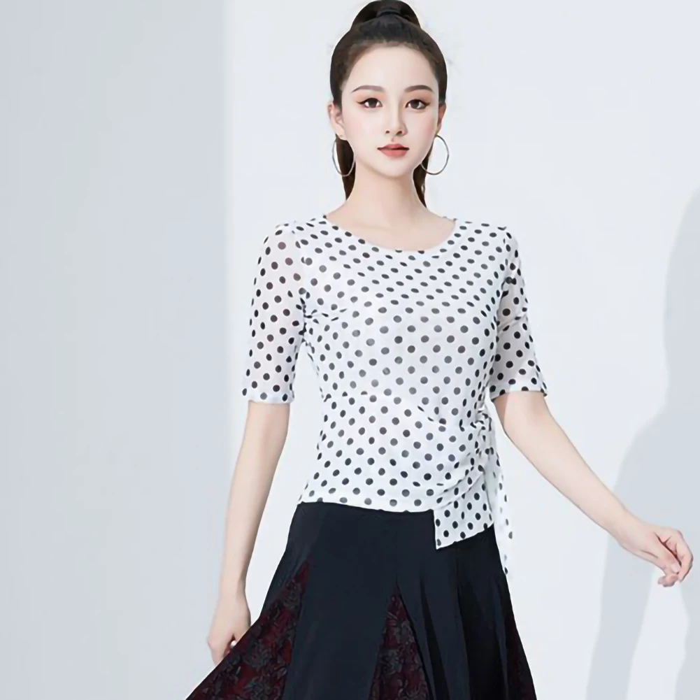 Abiti da pratica Top da ballo latino Top da ballo a pois con stampa Samba a maniche corte slim fit nero girocollo