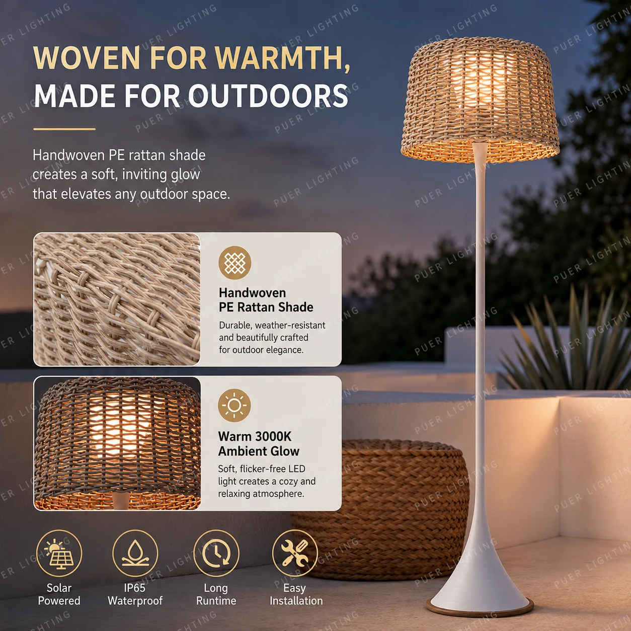 Outdoor Waterproof Rattan Floor Lamp Hand Woven Garden Lawn Light Villa Patio Terrace Standing Lamp Courtyard Landscape Decor