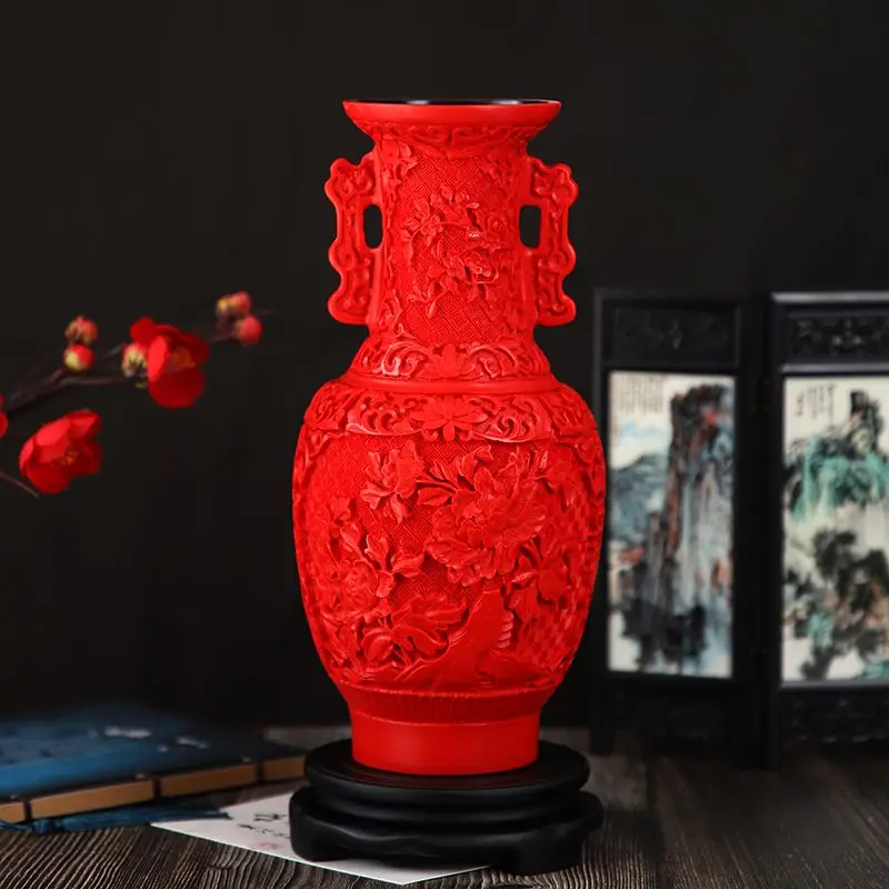 Auspicious Vase 10 inch / Exquisite Chinese Classical Traditional Technology Red Lacquerware Flower