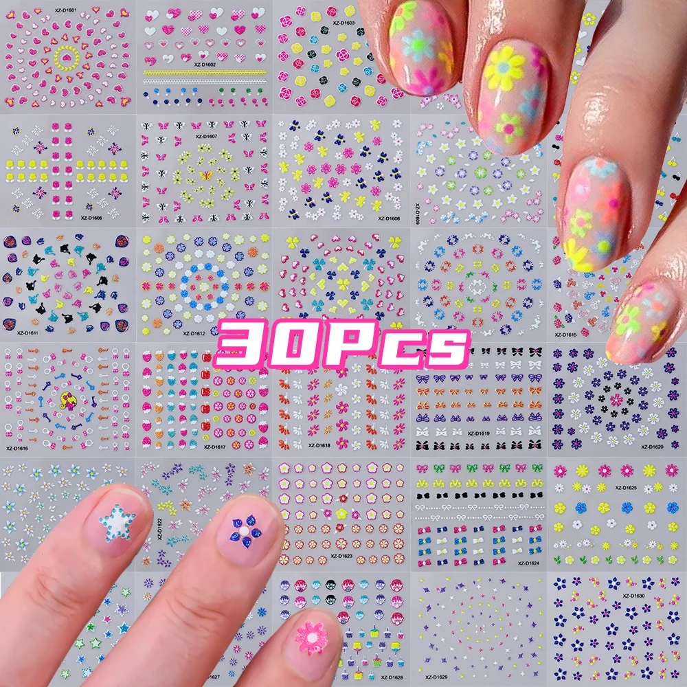 30Pcs/set Colorful Flower Collection 5D Nail Art Sticker Glitter Dopamine Nail Art Decor Self-adhesive Sticker Decals For Girls