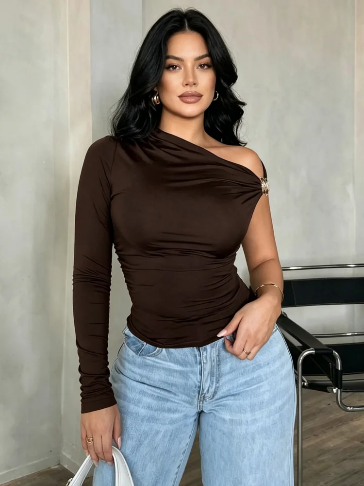 Women Top Fashion - Women Asymmetrical Oblique Shoulder Blouse Single