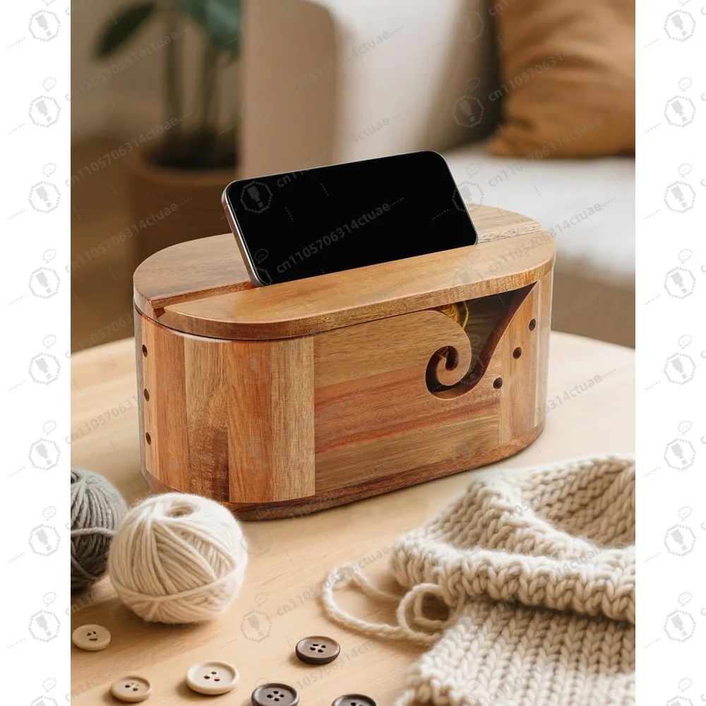 

Complete Crochet Set: Acacia Wood Yarn Bowl with 9 Hooks & Lid, 11.3" Oval Storage ，Knitting Gift for Crocheters