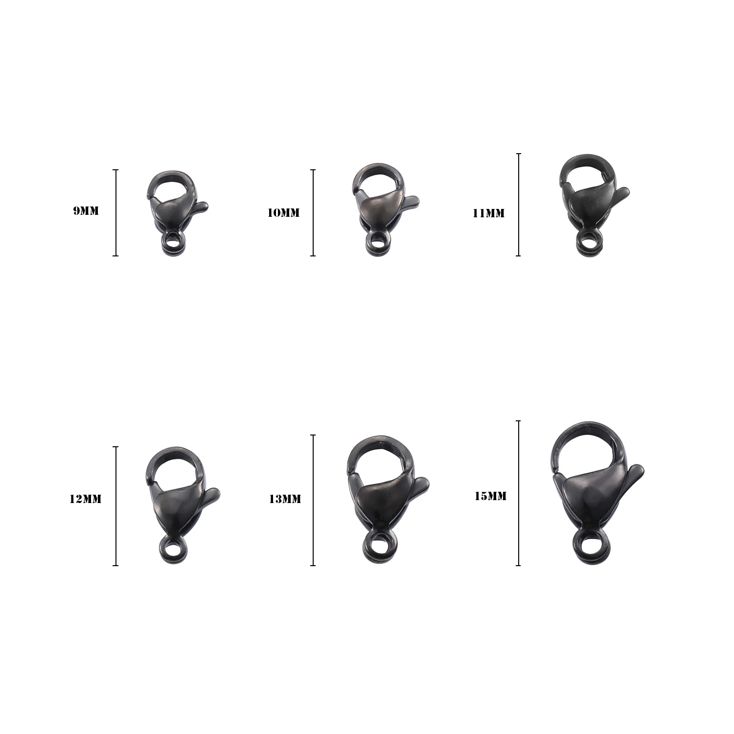 100 Stück Schwarze Edelstahl-Karabinerverschlüsse 9mm-15mm Verschlüsse Hakenverschluss für Armband Halskette Schmuck Zubehör – Detail 1