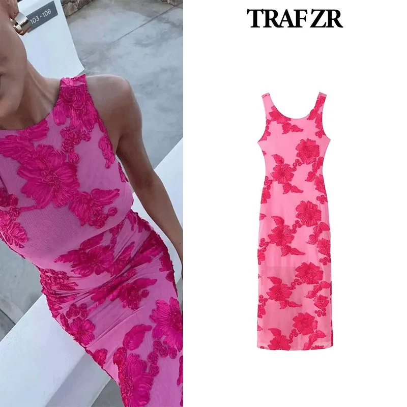 TRAF ZR Party Dress Beach Wear Women 2024 Elegant Gown Robes Midi Women\'s Summer Sundresses Floral Ankle-Length Dresses