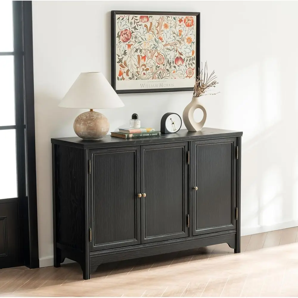 

Vintage-Style Solid Wood Sideboard with Hutch, 3 Doors & 2 Shelves, Dining/Living Room Storage, Black, 47.24W x 15.35D x 31.5H