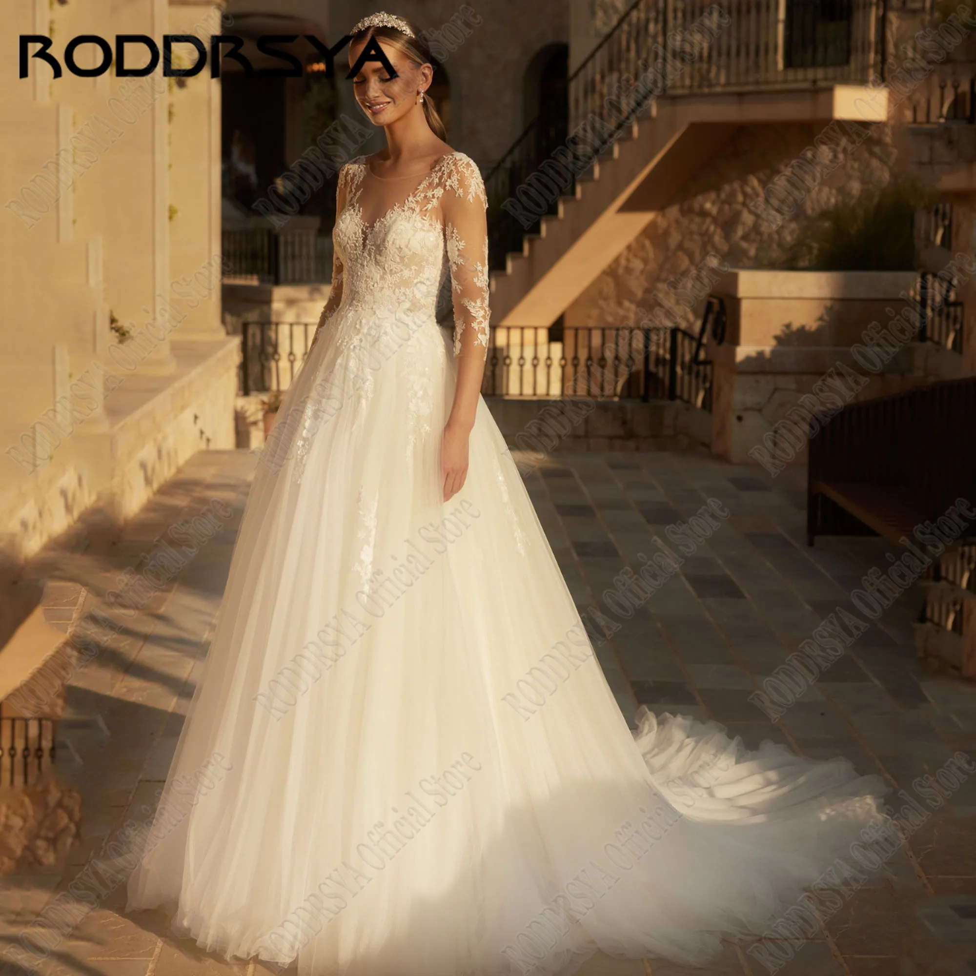 RODDRSYA Illusion Back Lace Wedding Dress 2025 Bride Applique 3/4 Sleeves Robe De Mariée A-Line O-Neck Bridal Gowns Plus Size