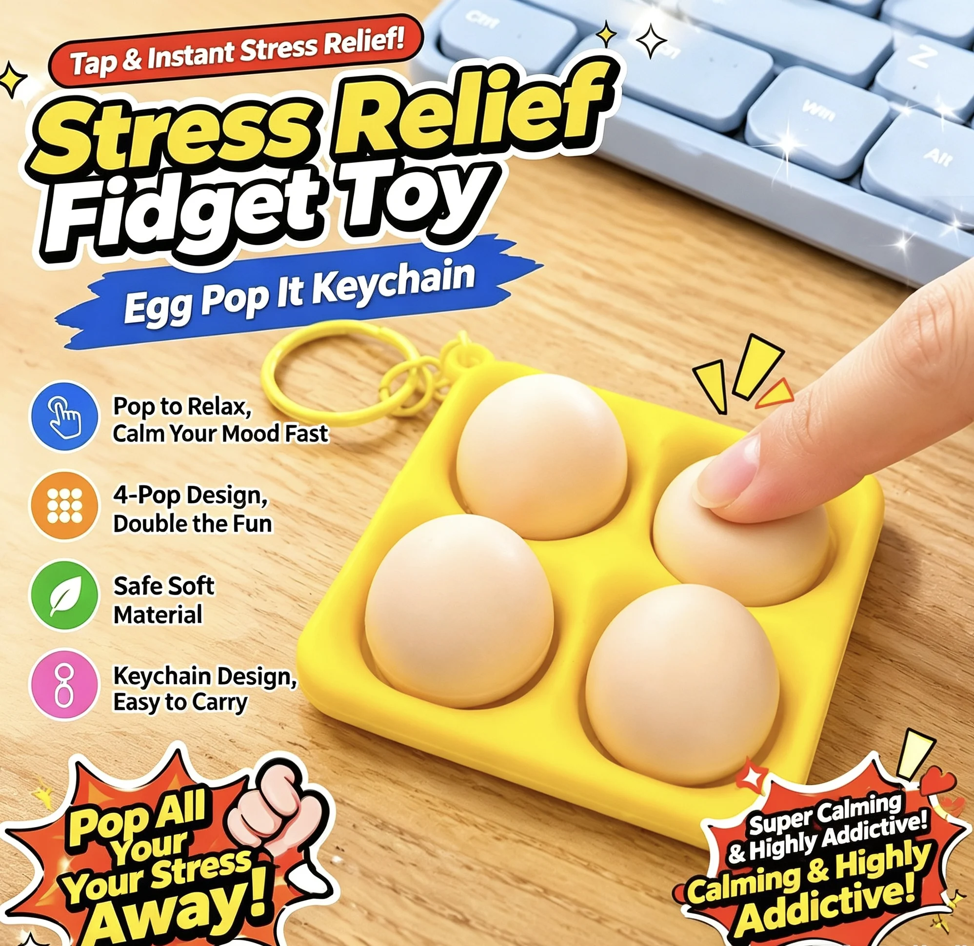 Mini Realistic Food Shaped Push Pop Fidget Keychain, Cute Steamed Bun Hamburger Stress Relief Sensory Pendant Charms for Backpacks, Party Favors, Goodie Bag Fillers, Classroom Prizes & Birthday Gifts