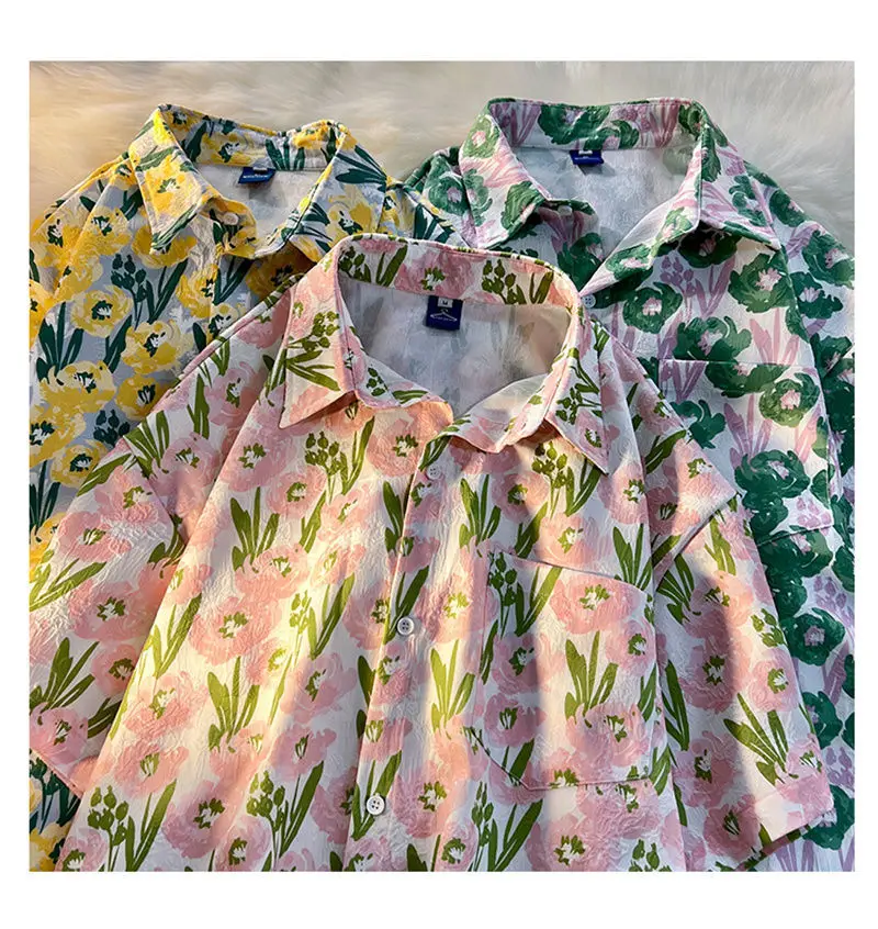 Camisa Vintage con estampado de flores para mujer, blusa informal de manga corta con botones, ropa de calle Harajuku para verano