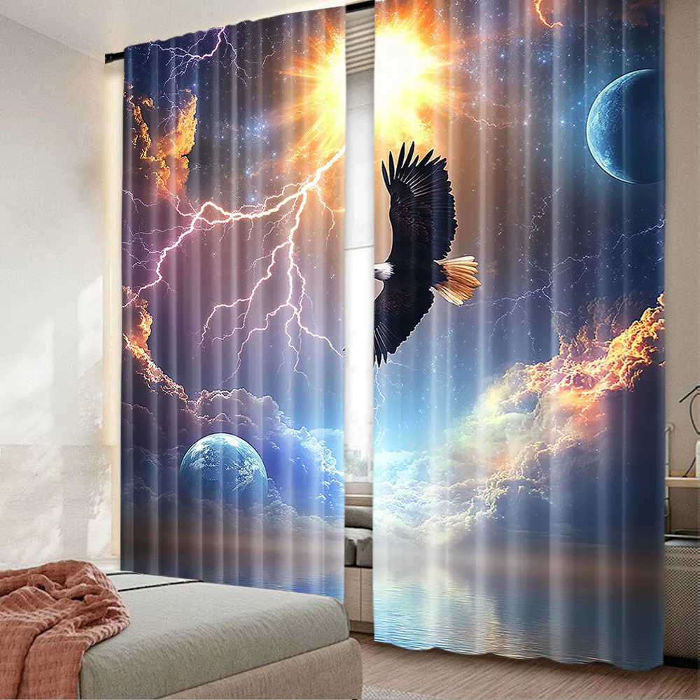 2Pcs Fantasy Curtain Different Sky Celestial Events An Eagle Thunderstorm Clouds Outer Space For Bedroom Living Room And Dining