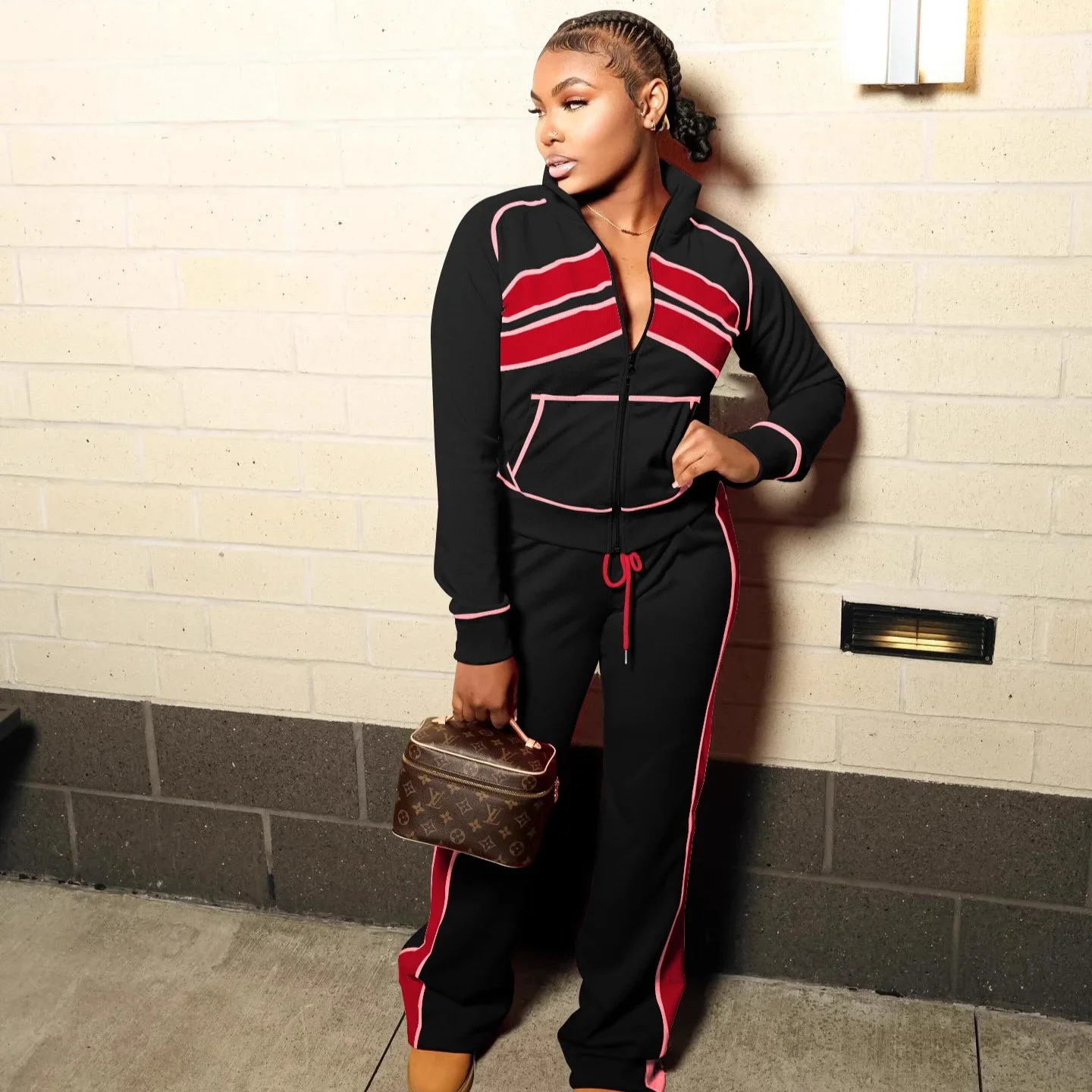 خريف جديد أزياء رياضية امرأة 2 قطعة مجموعة الزي شريطية المرقعة سستة المحاصيل سترة وسراويل رياضية الشارع الشهير