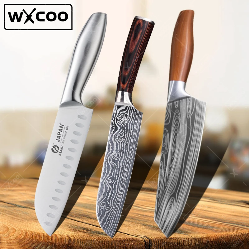 

WXCOO Kitchen Knife Japanese Laser Damascus Pattern Professional Chef's Meat Cleaver Stainless Steel Santoku Knife Fruit Peeler