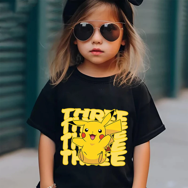 Pokemon Pikachu kids T-shirt pure cotton short-sleeved black top girls gift personalized clothing