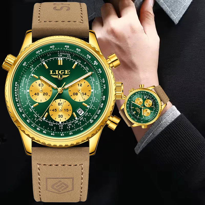 LIGE Men Watch Fashion Top Brand Luxury Leather Watch For Men Outdoor Sports Waterproof Luminous Quartz Chronograph Reloj Hombre