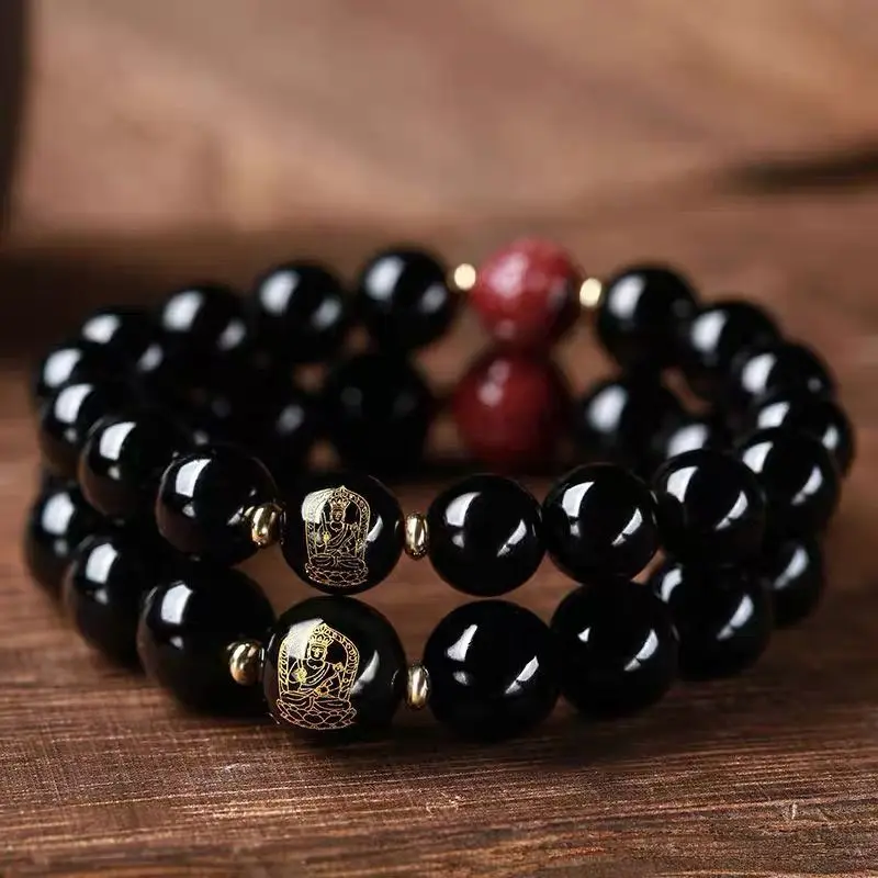 Pure Natural Obsidian Bracelet for the Year of the Snake Benming Buddha Beads for Men and Women Cinnabar Guardian God HandString