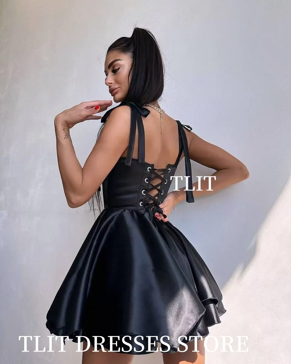 TLIT Sexy Silk Satin Short Evening Party Dresses Arabic Women Cocktail Dresses Spaghetti Strap Bow Customized Robe de soiree