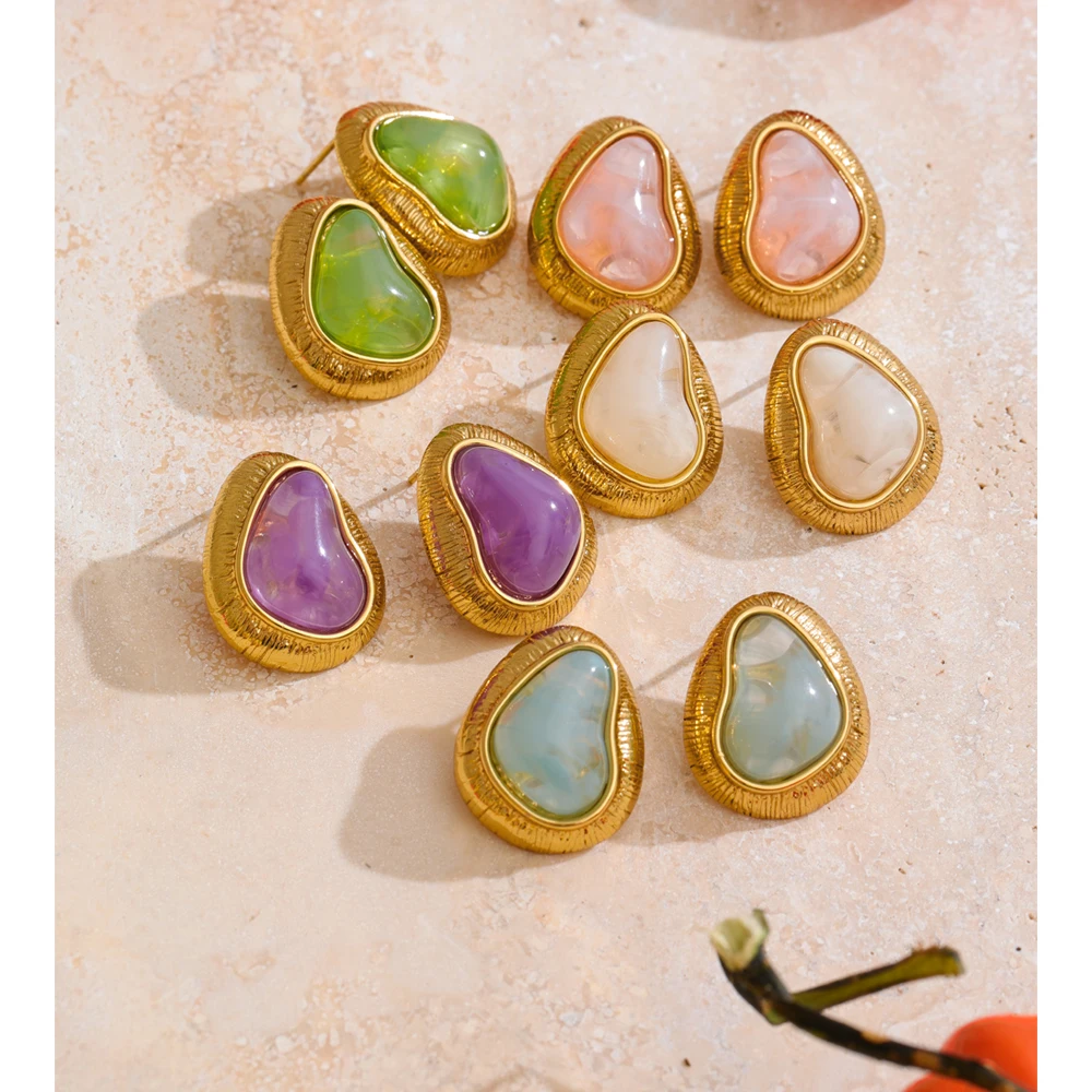 Yhpup Candy Multi-Color Resin Acrylic Heart Stud Earrings Golden Stainless Steel Exquisite Jewelry Blue White Pink Purple Green