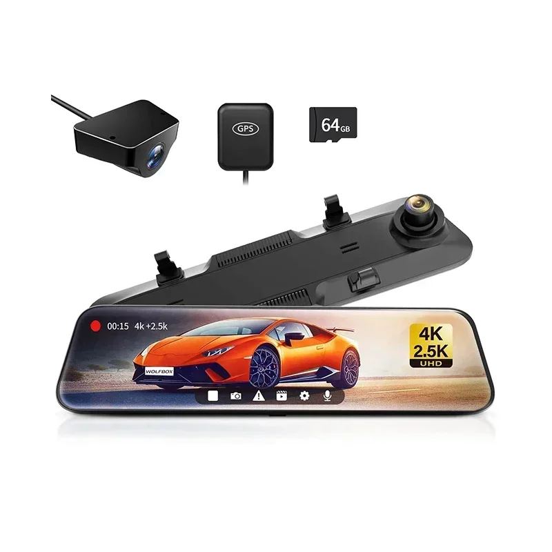 WOLFBOX G900 4K+2.5K Achteruitrijcamera Dashcam 12" IPS Scherm WDR 170° FOV Achteruitrijcamera GPS Spiegel Auto Recorder Stream Media Auto DVR