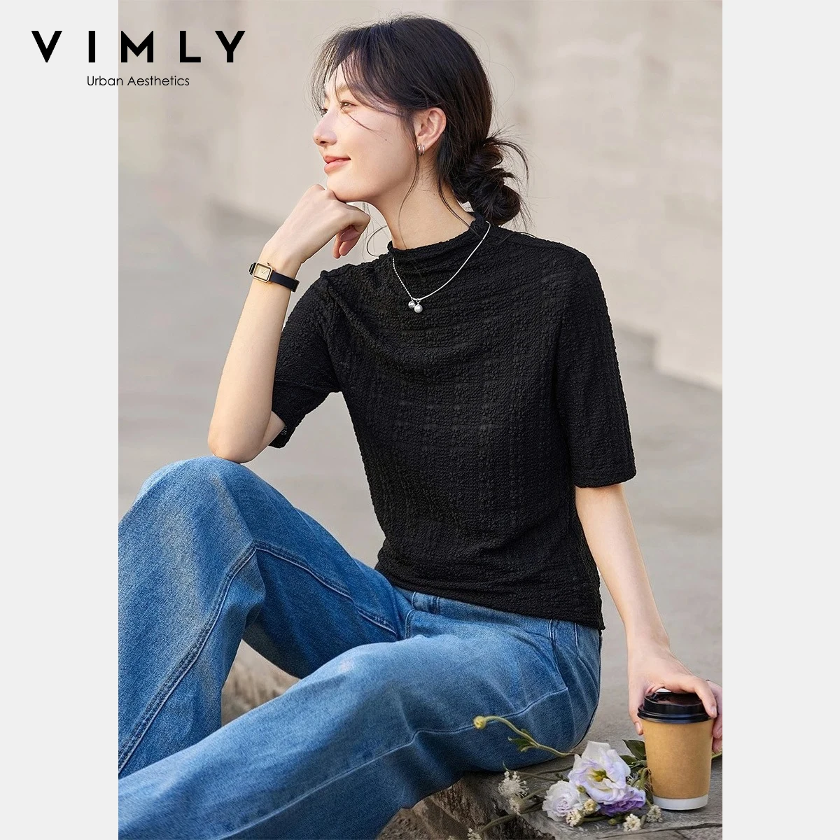 

Vimly Women's solid T-Shirts 2025 autumn Lace Trimmed Lace Trimmed Slim Fit Long Sleeve Top Basic Elegant Atmosphere Tees A2860