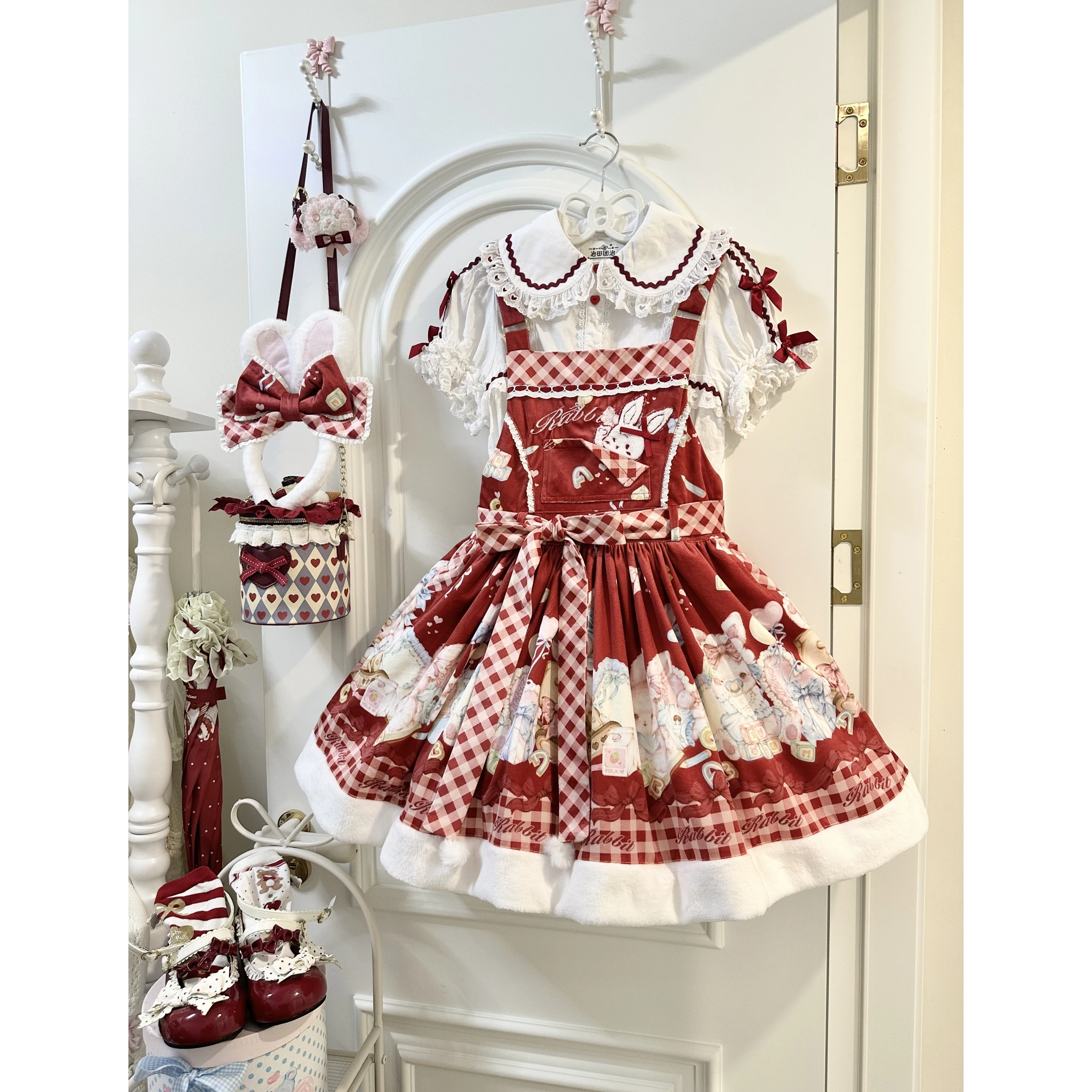 Original Lolita Red Dress Set Jsk Summer Sweet Girls Cute Printed Bow Birthday Dress Lori Lo Daily Mini Dress Short Sleeve Shirt