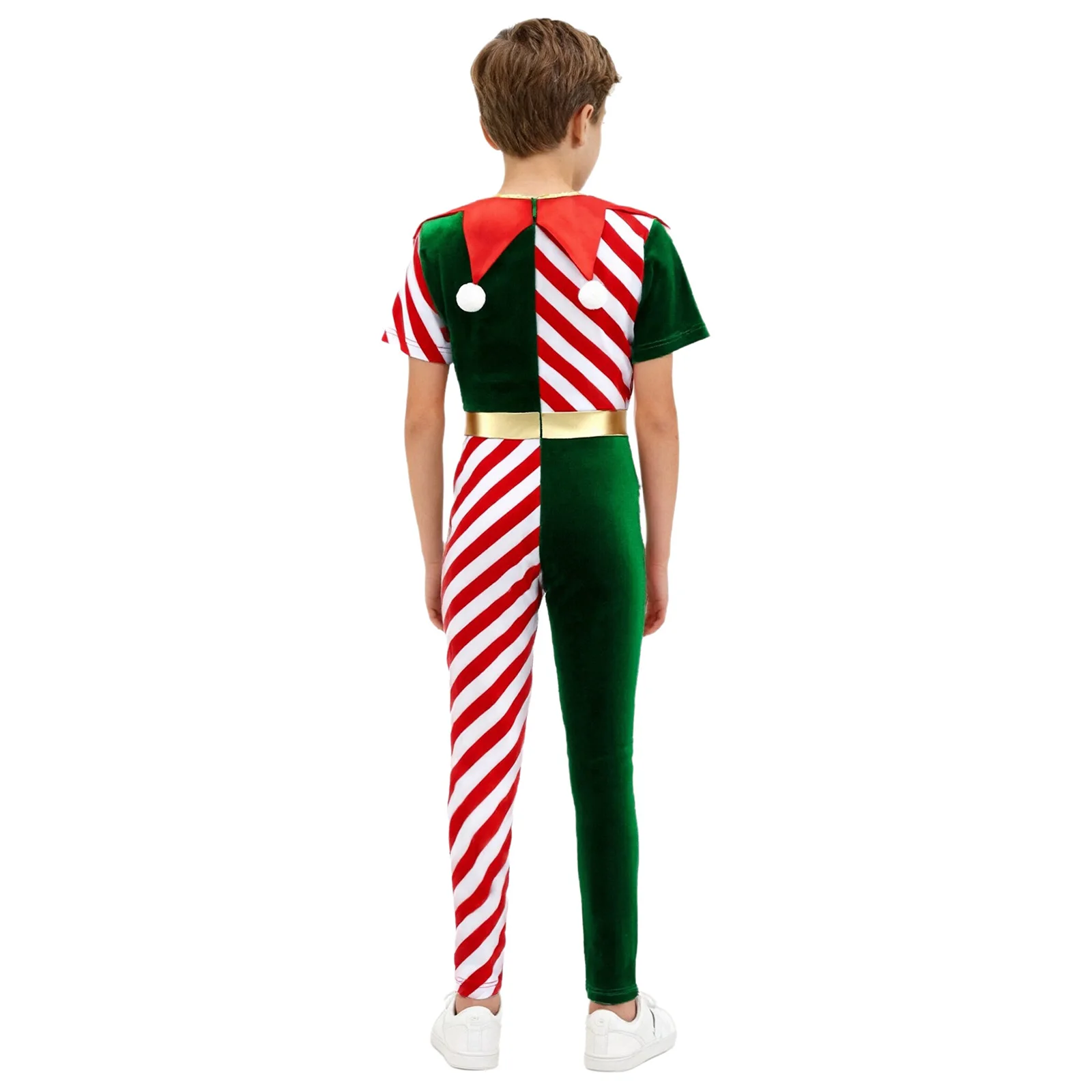 Boys Girls Christmas Elf Santa Costume Kids Candy Cane Striped Pompom Jumpsuit for Carnival Festival Party Cosplay Performance