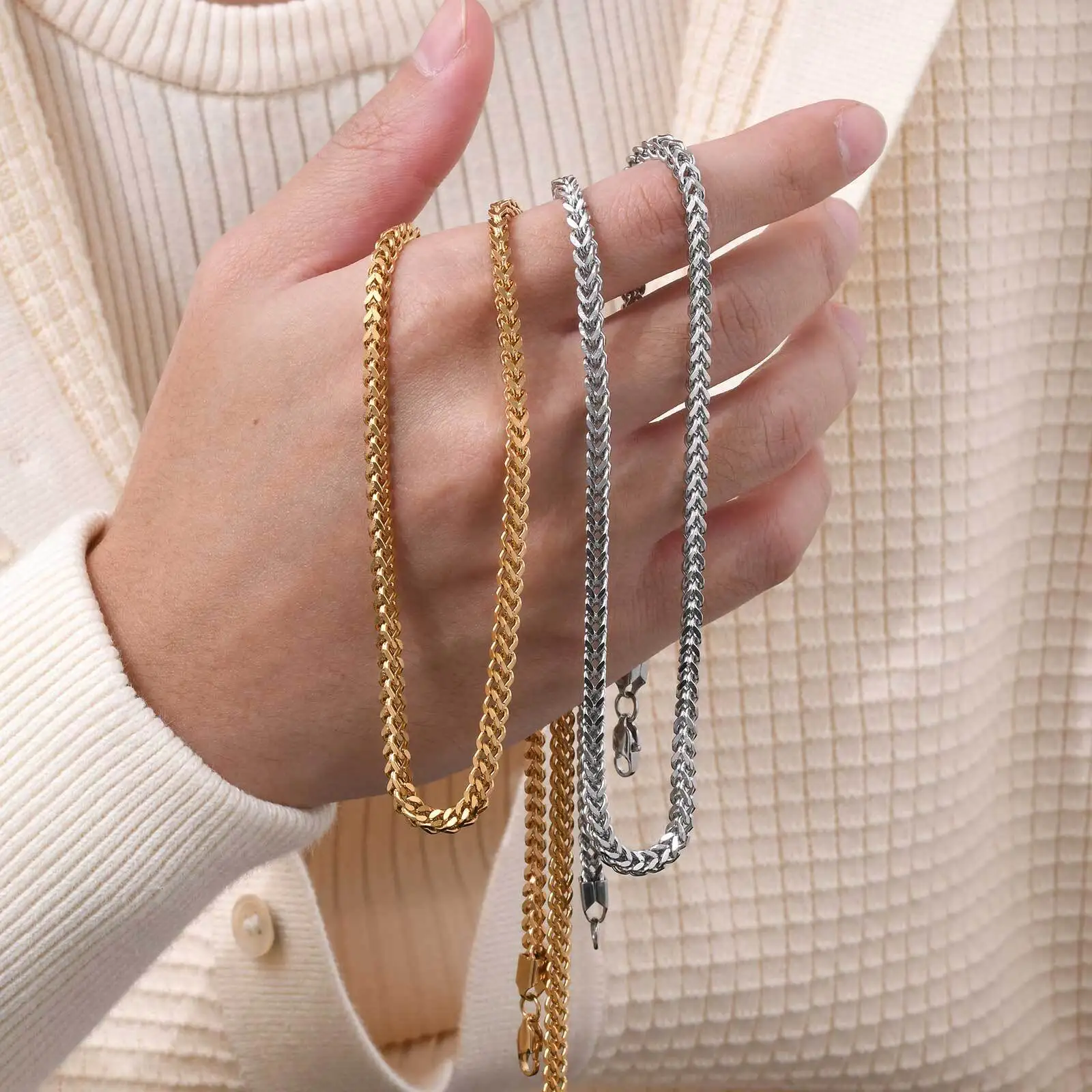 Gold Color Franco Chain Necklace for Men,3MM Wide Thick Stainless Steel Necklace Collars,Classic Trendy Jewelry Gifts