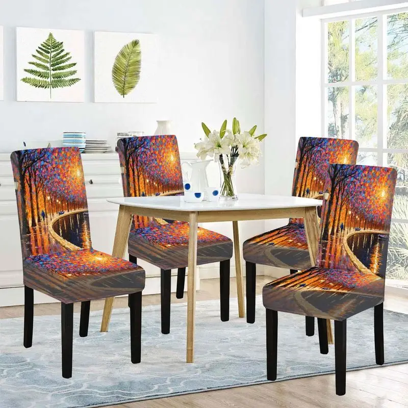 

Чехол для обеденного стула с плоским принтом, узор «Дождливая ночь в парке», многоразовый, моющийся, чехол для домашнего обеденного стула.