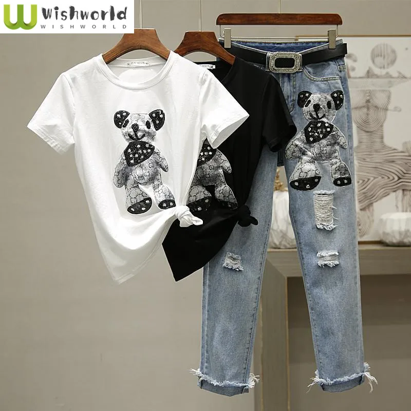 Cartoon Print Short Sleeve T-shirt Perforated Jeans Two Piece Elegant Women's Pants Set Summer Outfit Leisure Sports Suit