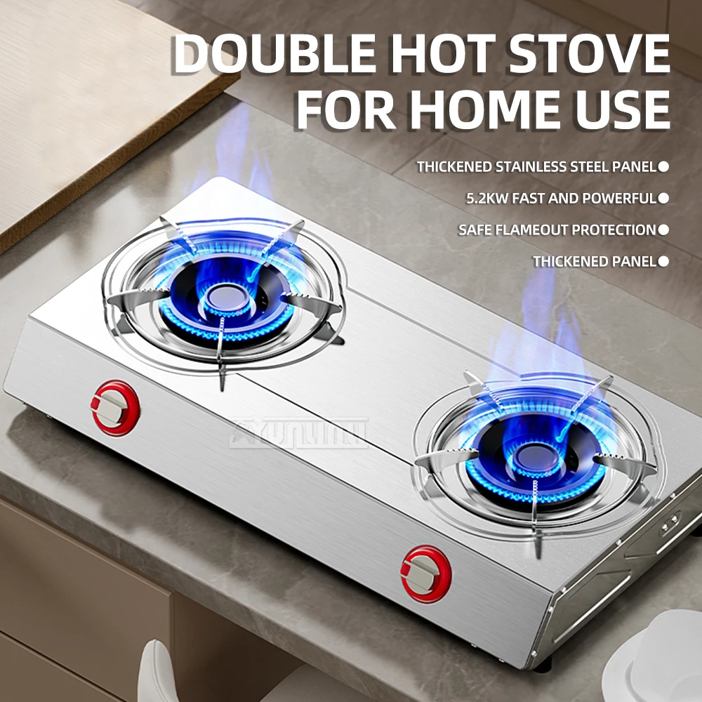 Fogão a gás duplo, fogão a gás de mesa para cozinha, 2 queimadores, aço inoxidável doméstico, fogo forte, gás liquefeito