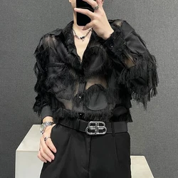 Men Sexy Mesh See-Through Feather Tassel Long-Sleeve Shirt Autumn Genderless Nightclub Personalized Stage Performance Top Unisex