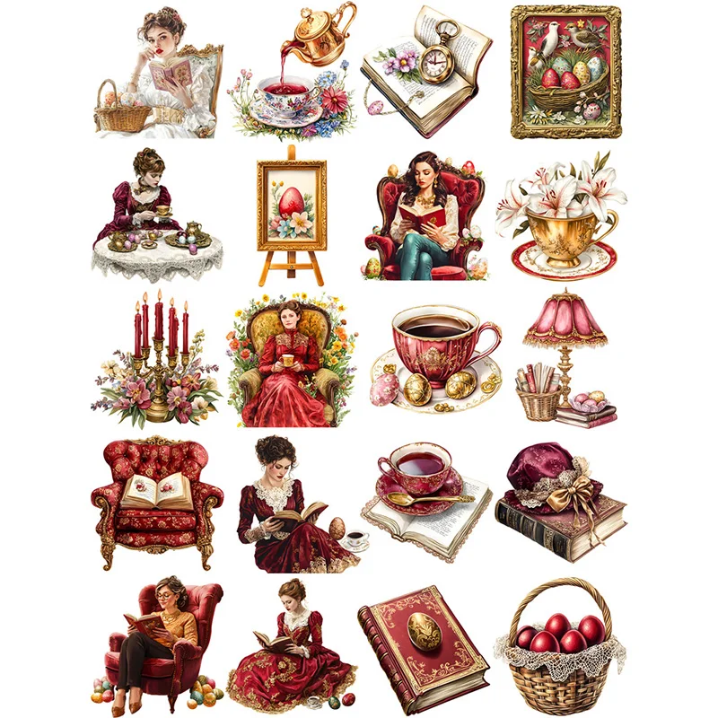 20Pcs/Pack Vintage Aristocratic Reading Afternoon Tea Sticker DIY Craft Scrapbooking Album Junk Journal Decorative Stickers