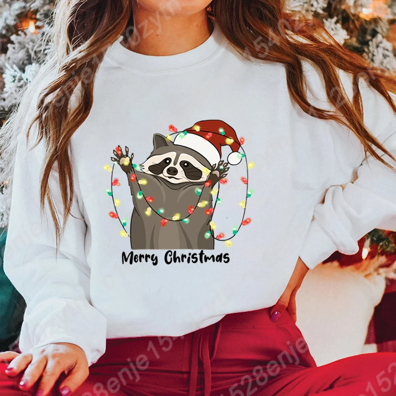 Christmas Light Racoon Merry Christmas Print Pullovers Women Autumn Winter Tops Ladies Creative Personalized Hoodless Sweatshirt