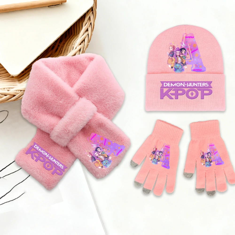 K-Pop Demon Hunters 3Pcs Fashionable Kids Girl Soft Knit Set Winter Warm Hat Scarf Gloves Casual Birthday Gift Accessories - Image 2