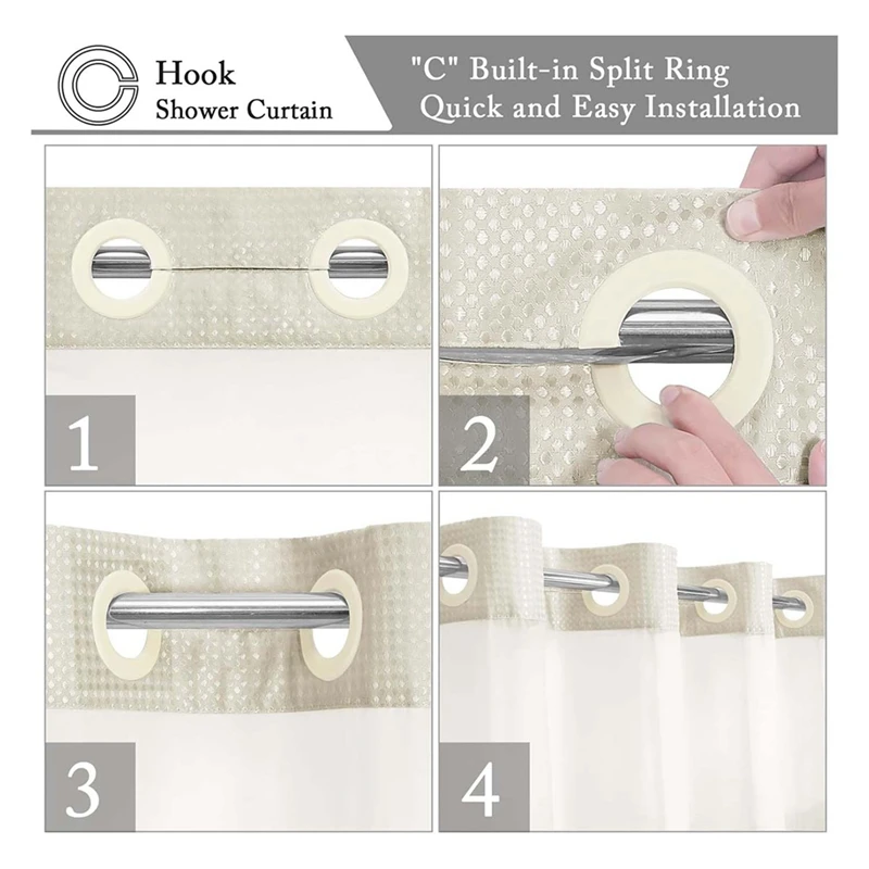 No Hook Waffle-Weave Shower Curtain With Snap-In Fabric Liner Set For Bathroom, Hotel Style With Mesh Top Window