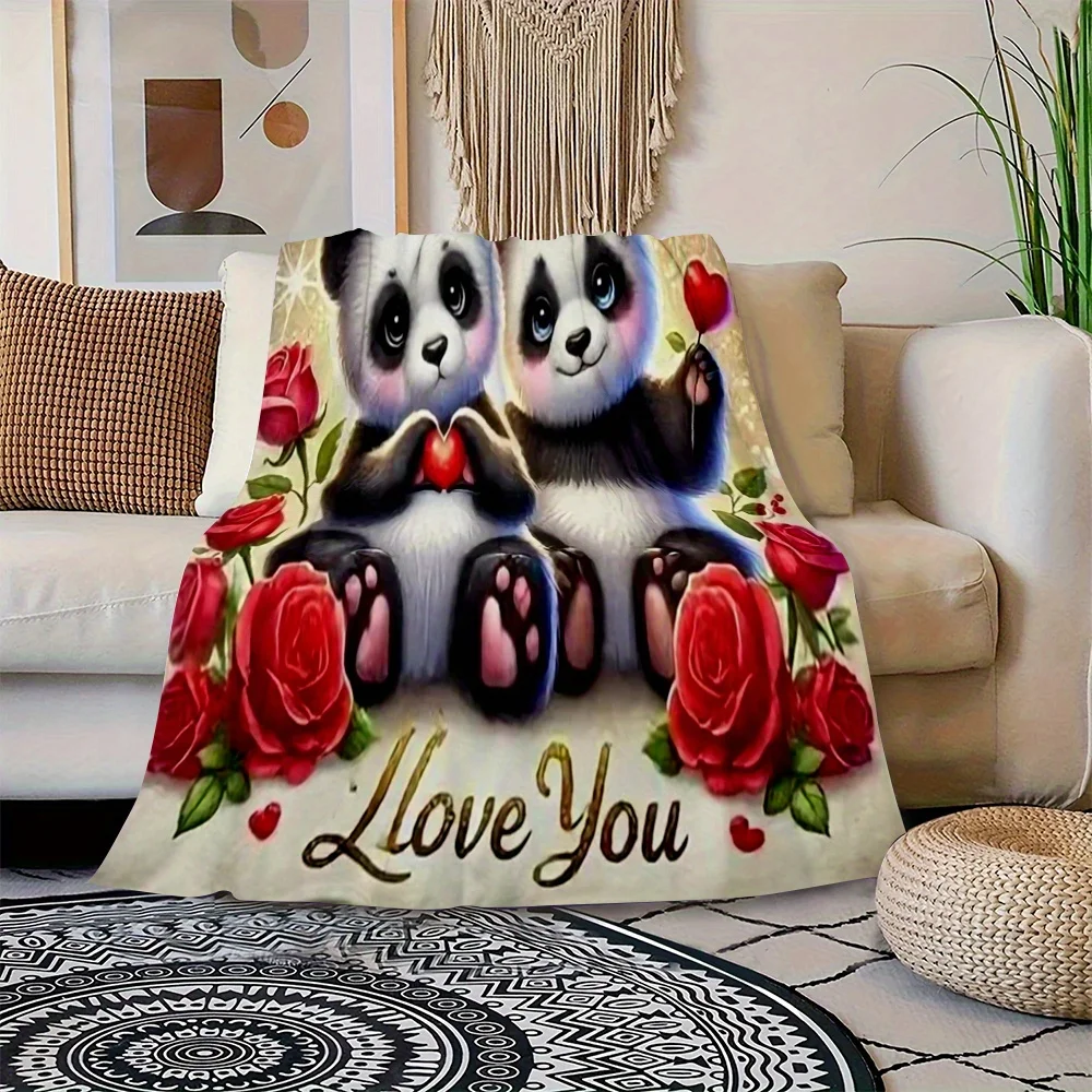 Panda Love Flannel Throw Blanket, Double Sided Heart Pattern for Sofa Bed, Soft All Season Machine Washable,Cute Home Decor Gift