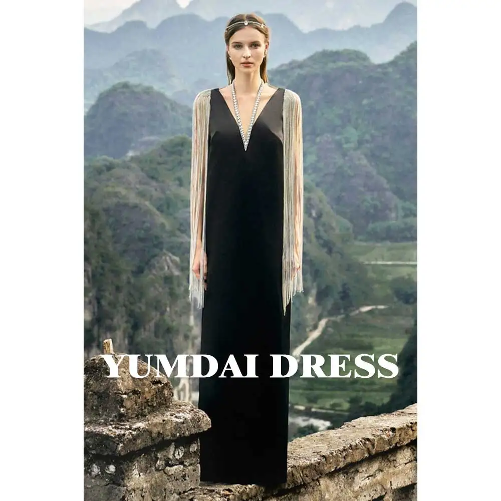 YUMDAI Black Gorgeous Rhinestone Tassel Sleeveless V-Neck Italian Satin Evening Dress New 2024 Dubai Wedding Guest Crystal Dress