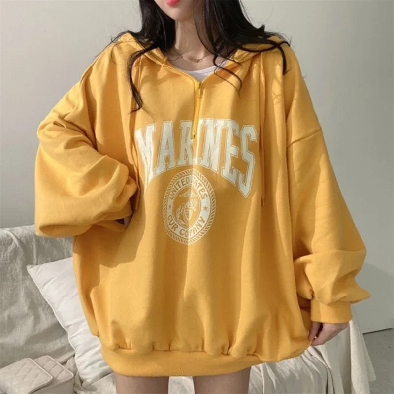 Lazy Style Pullover Long Sleeves Zipper Hoodie for Women\'s Spring Autumn New Large Size Loose Slimming Hoodie T-shirt for Women