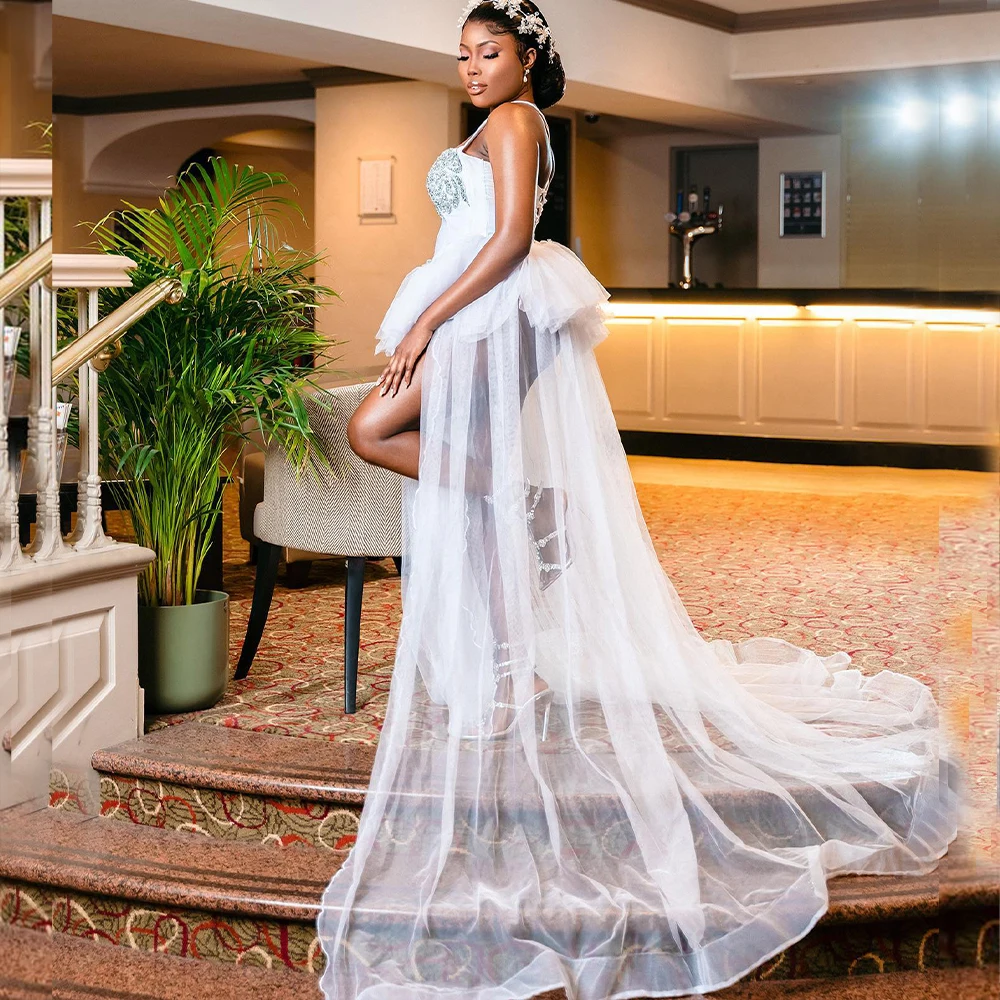 

High Low Wedding Dresses Bride Robe Spaghetti Corset TuTu Skirt Rhinestone Africa Women Bridal Shower Dress Customized
