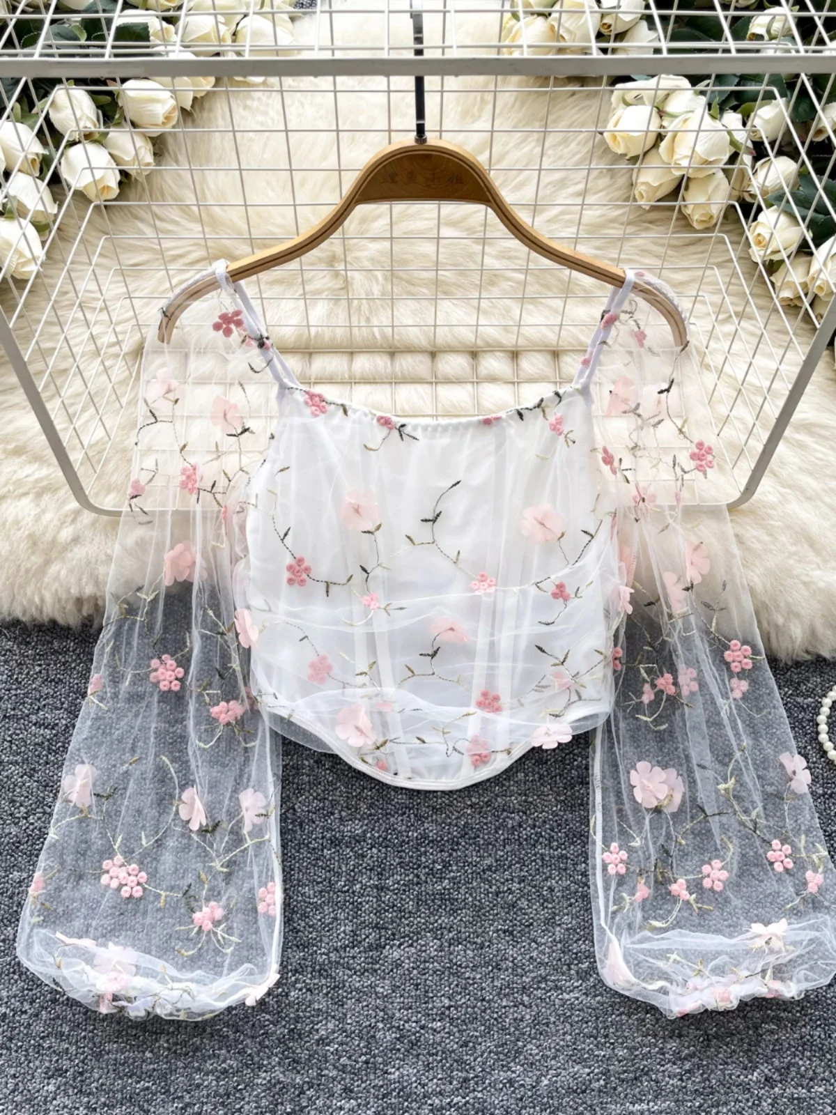 

Ele Fairy Sle Embroidered Heavy Work ort Slimming Me Snowflake Chiffon Top Korean Version Loose Fit Long Sve