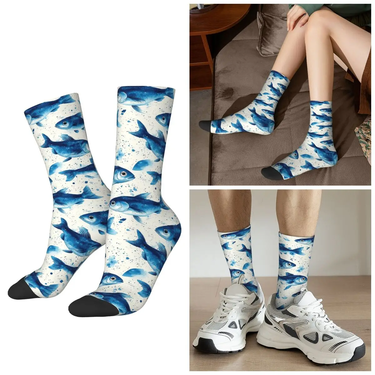 All Seasons Beautiful Oceanic Bule Fish Pattern Socks Harajuku Crew Socks Funny Stockings for Men Women Valentine's Day Gifts