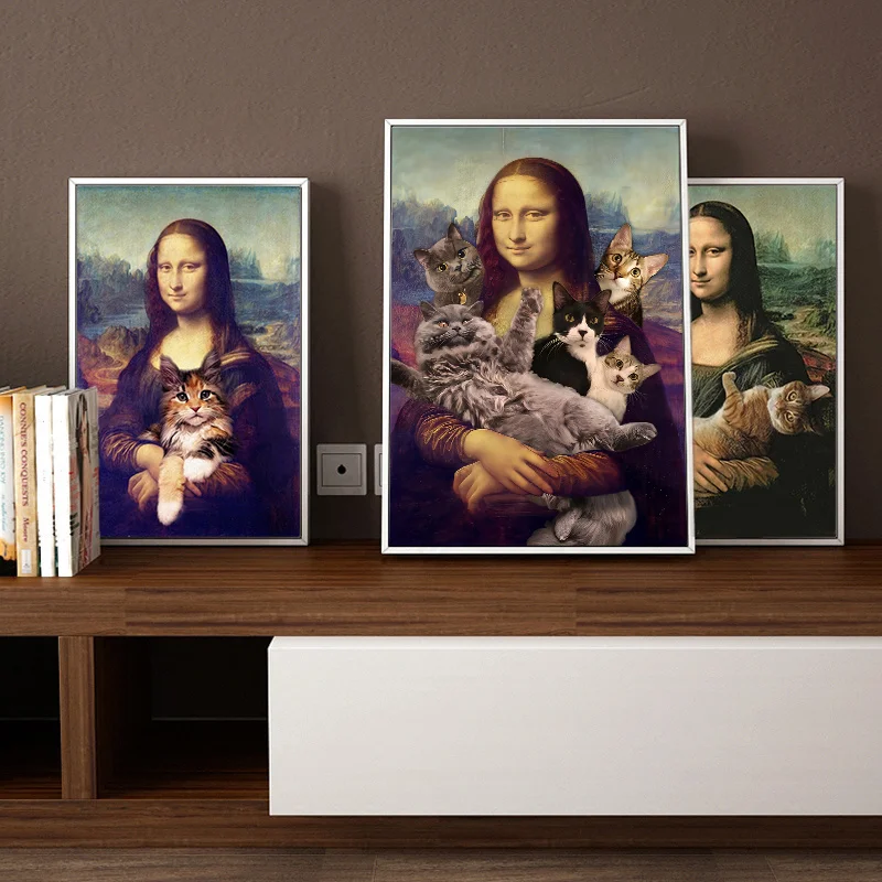 Mona Lisa Funny Wall Art Pictures Canvas Print Posters Famous Portrait Mona Lisa with Cats Canvas Paintings for Home Decor Mural