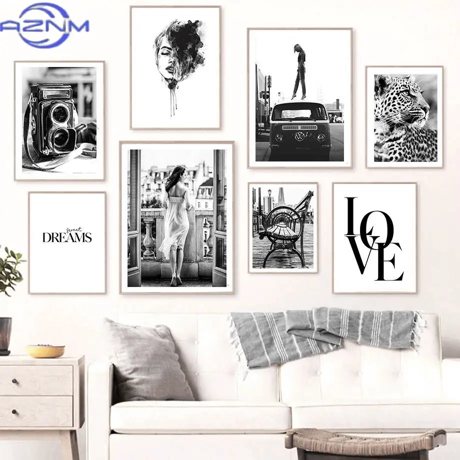 Nordic Poster Retro Camera Car Paris Woman Flowers Bench Leopard Wall Art Print Canvas Painting Pictures For Living Room Deco