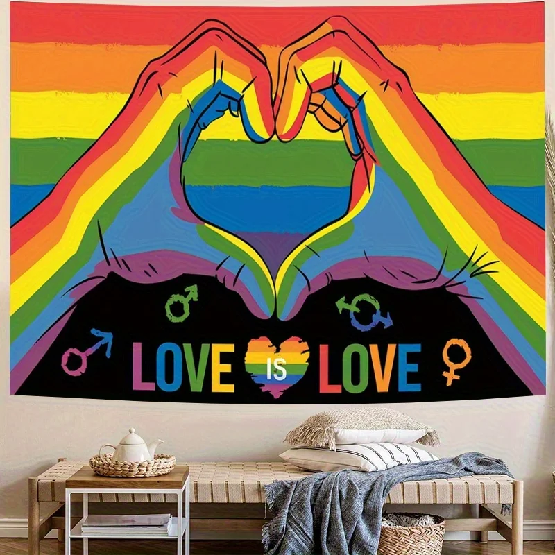 

1 шт. LOVE IS LOVE Гобелен «Месяц гордости», настенный гобелен — дизайн радужного сердца с инклюзивными символами (мужской/женский/нейтральный),